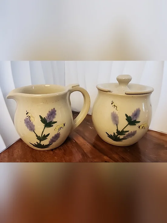 Art Pottery Honey Pot Hand Painted Bees & Lavendar Signed Jam Jar & Creamer - Picture 1 of 6